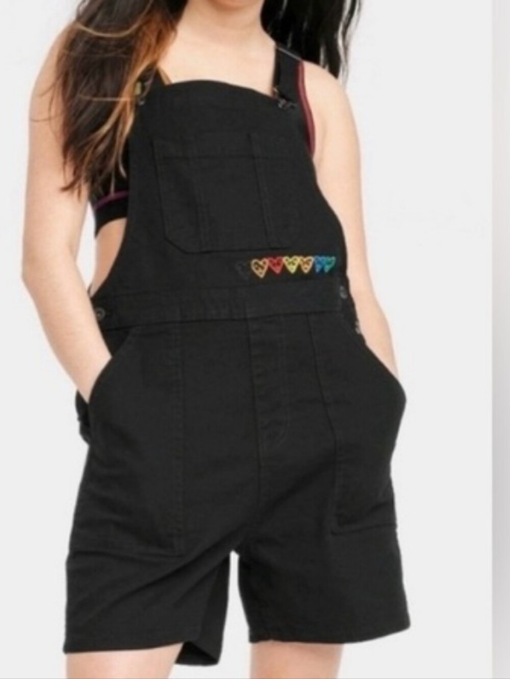 Unisex Black Short Denim Overalls with Rainbow Heart Accent